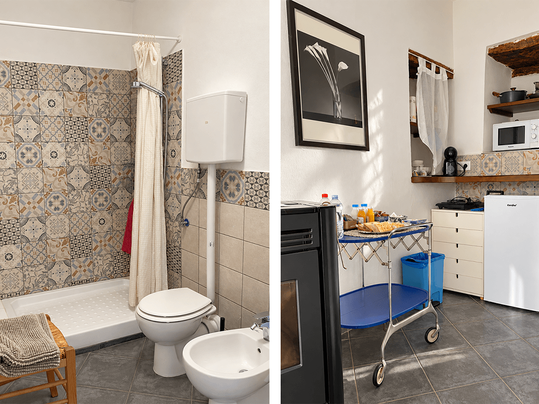 Lunaria Cucina piu bagno B&B Sant'Anna Bagno privato e angolo cottura della camera Lunaria del B&B Sant’Anna a Cairo Montenotte